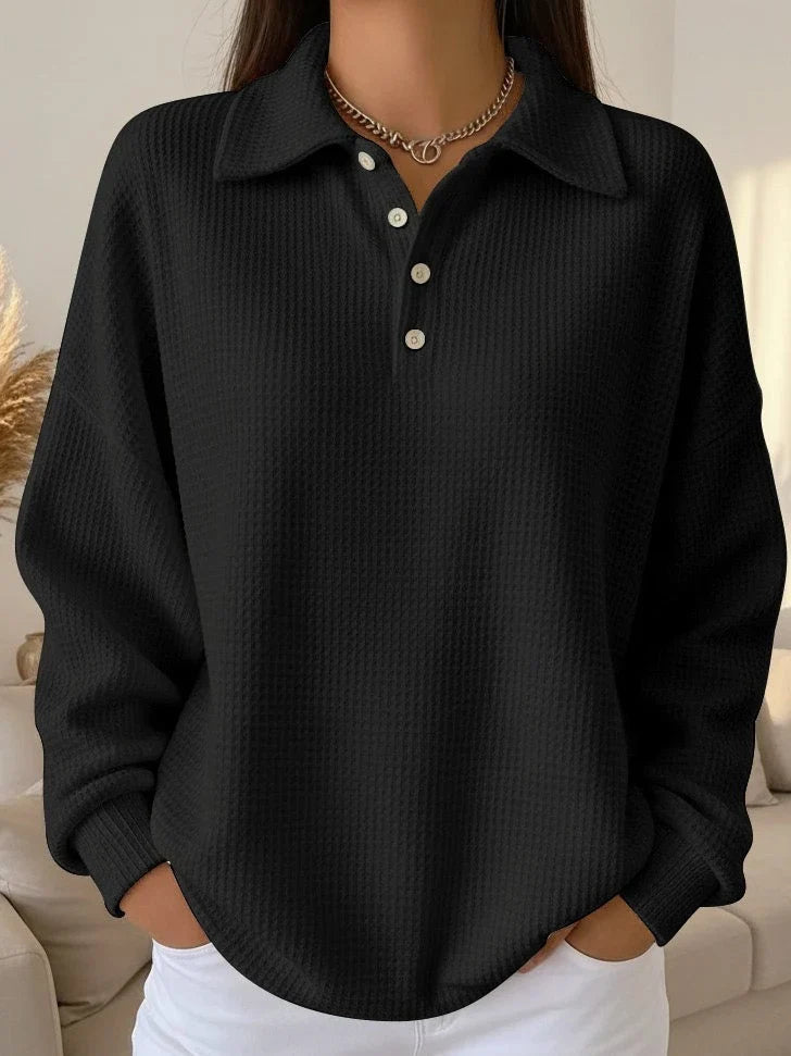Waffle Knit Sweater for Women – Long Sleeve Polo Collar Pullover with Button Front, Casual Fall Knit Top