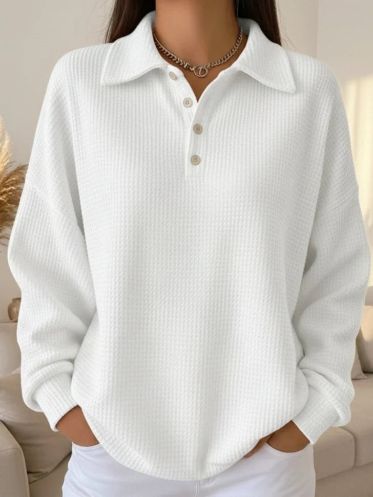 Waffle Knit Sweater for Women – Long Sleeve Polo Collar Pullover with Button Front, Casual Fall Knit Top