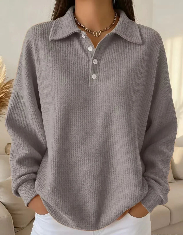 Waffle Knit Sweater for Women – Long Sleeve Polo Collar Pullover with Button Front, Casual Fall Knit Top