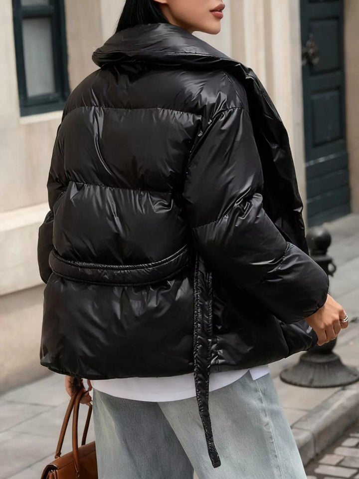 Black Belted Puffer Jacket for Women – Shawl Collar Quilted Winter Coat, Warm Puffer Coat with Belt