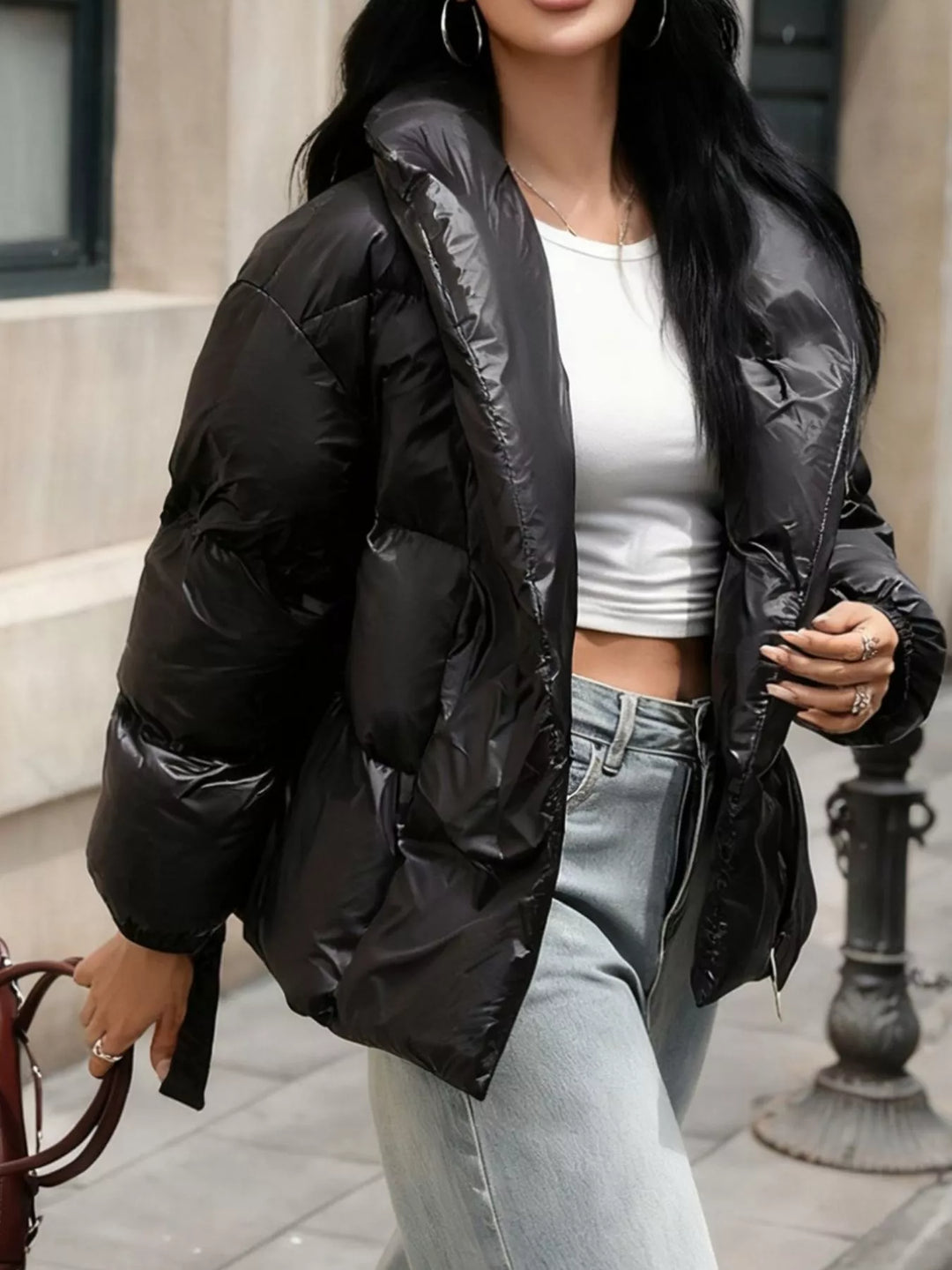 Black Belted Puffer Jacket for Women – Shawl Collar Quilted Winter Coat, Warm Puffer Coat with Belt