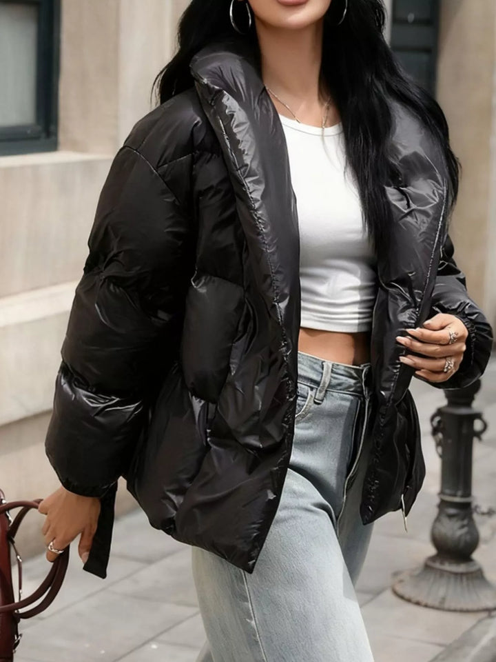 Black Belted Puffer Jacket for Women – Shawl Collar Quilted Winter Coat, Warm Puffer Coat with Belt