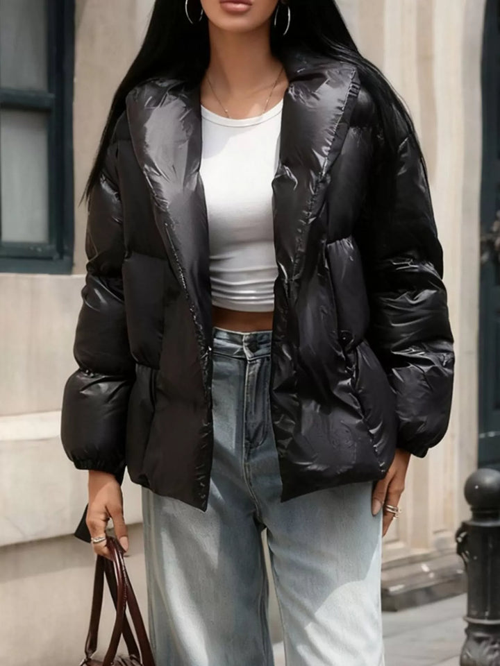 Black Belted Puffer Jacket for Women – Shawl Collar Quilted Winter Coat, Warm Puffer Coat with Belt