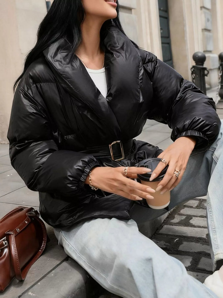 Black Belted Puffer Jacket for Women – Shawl Collar Quilted Winter Coat, Warm Puffer Coat with Belt