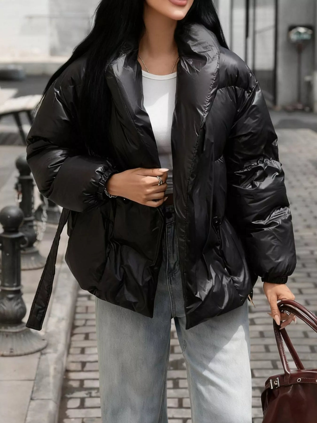 Black Belted Puffer Jacket for Women – Shawl Collar Quilted Winter Coat, Warm Puffer Coat with Belt