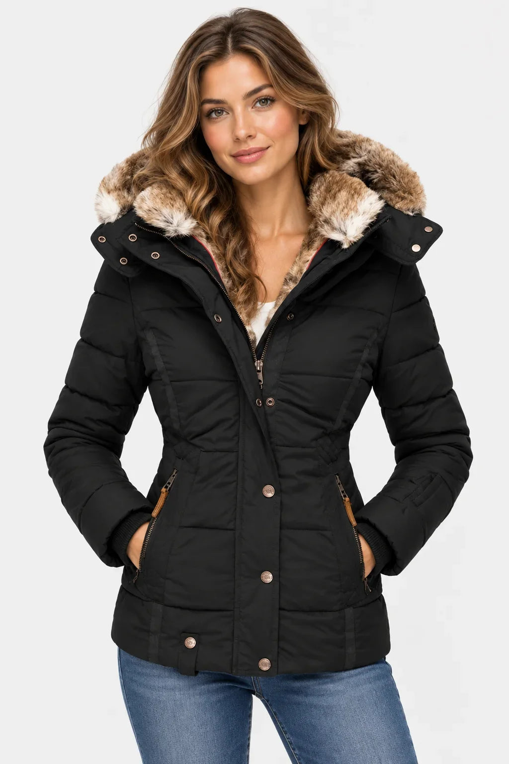 Puffer Jacket for Women – Quilted Winter Coat with Faux Fur Hood, Warm Zip Front Puffer in Black, Pink, Beige, Green, Navy