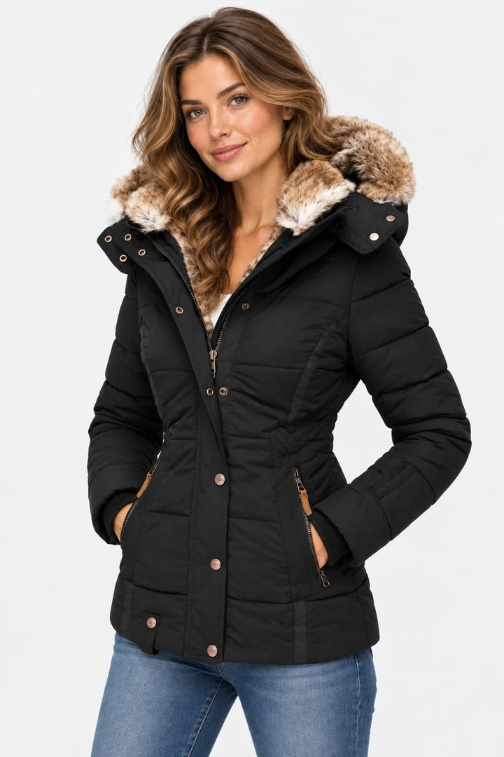 Puffer Jacket for Women – Quilted Winter Coat with Faux Fur Hood, Warm Zip Front Puffer in Black, Pink, Beige, Green, Navy