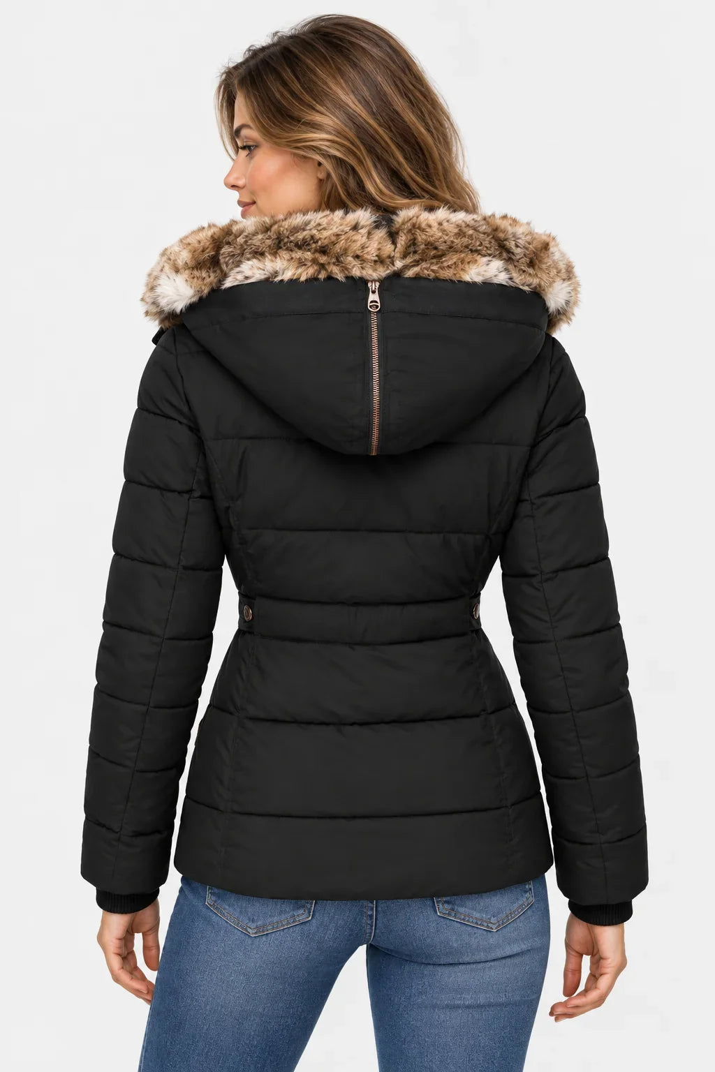 Puffer Jacket for Women – Quilted Winter Coat with Faux Fur Hood, Warm Zip Front Puffer in Black, Pink, Beige, Green, Navy