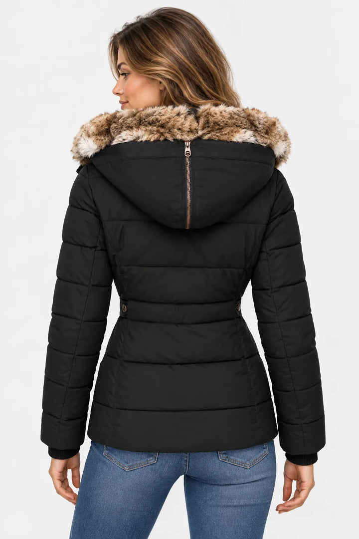 Puffer Jacket for Women – Quilted Winter Coat with Faux Fur Hood, Warm Zip Front Puffer in Black, Pink, Beige, Green, Navy