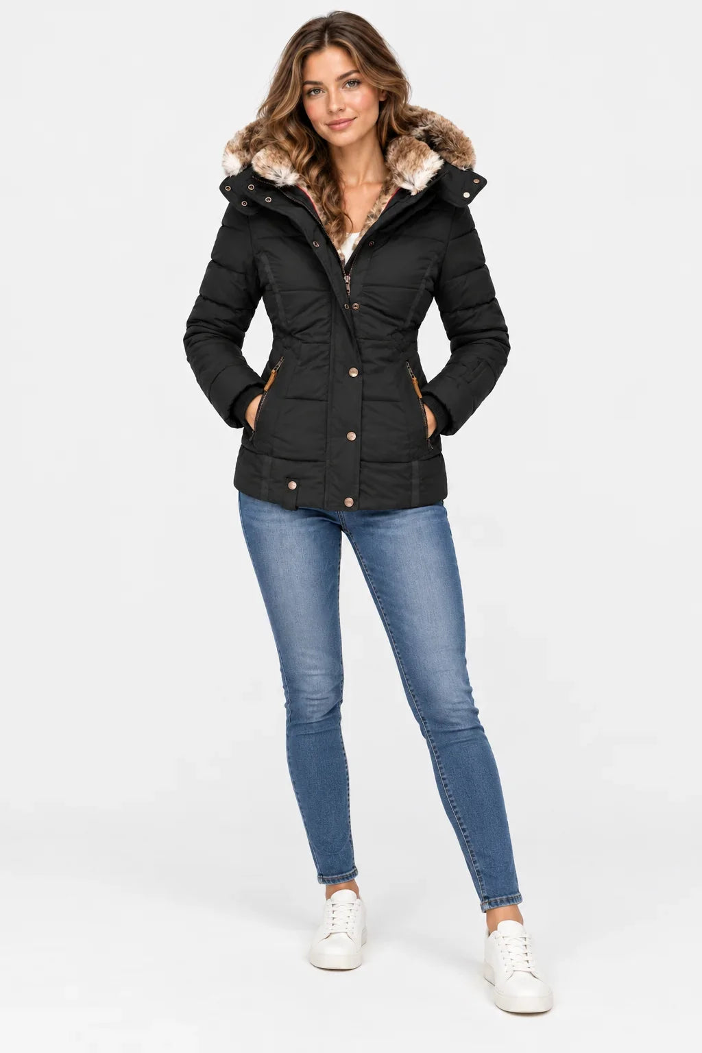 Puffer Jacket for Women – Quilted Winter Coat with Faux Fur Hood, Warm Zip Front Puffer in Black, Pink, Beige, Green, Navy