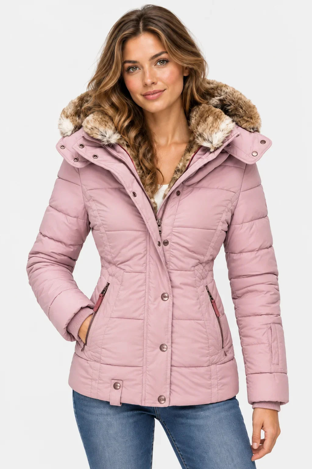 Puffer Jacket for Women – Quilted Winter Coat with Faux Fur Hood, Warm Zip Front Puffer in Black, Pink, Beige, Green, Navy
