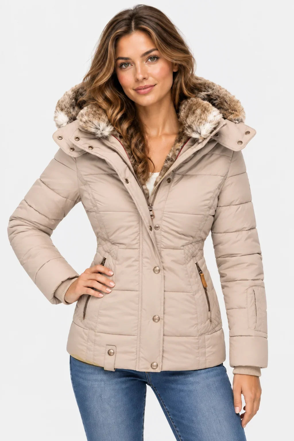 Puffer Jacket for Women – Quilted Winter Coat with Faux Fur Hood, Warm Zip Front Puffer in Black, Pink, Beige, Green, Navy