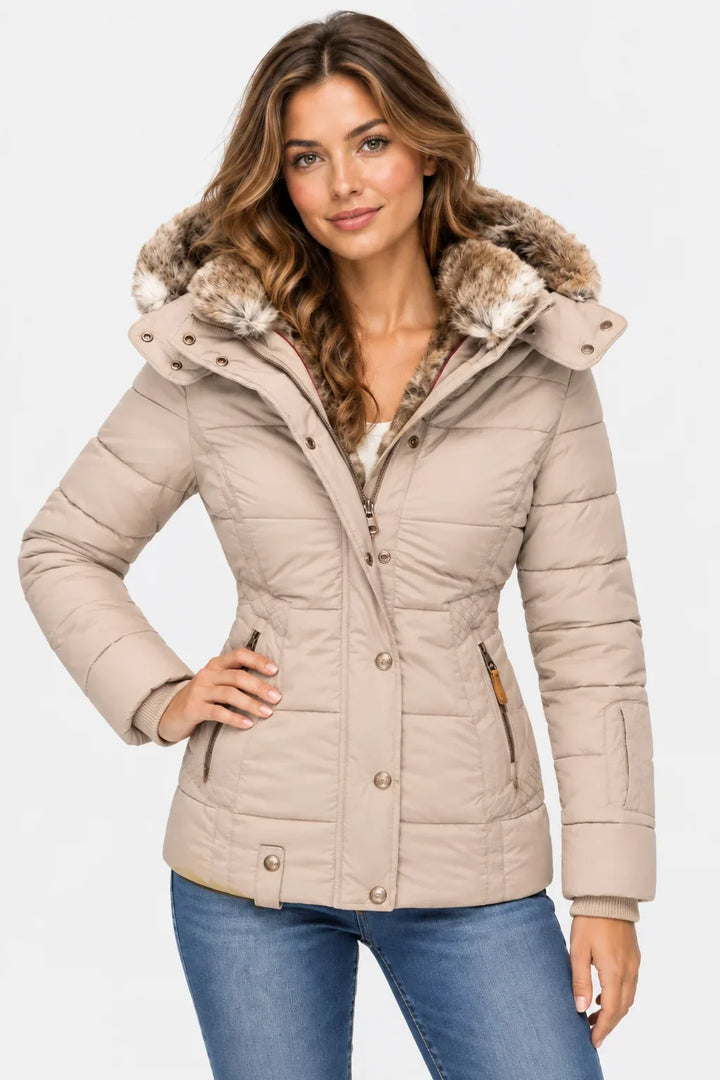 Puffer Jacket for Women – Quilted Winter Coat with Faux Fur Hood, Warm Zip Front Puffer in Black, Pink, Beige, Green, Navy