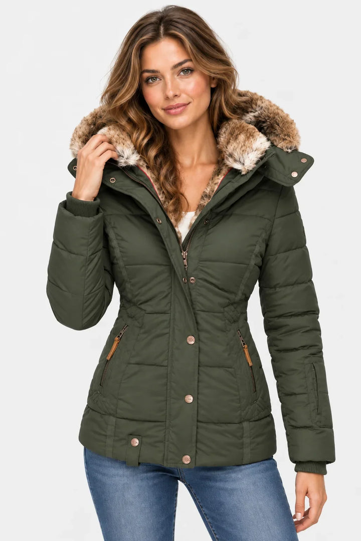 Puffer Jacket for Women – Quilted Winter Coat with Faux Fur Hood, Warm Zip Front Puffer in Black, Pink, Beige, Green, Navy