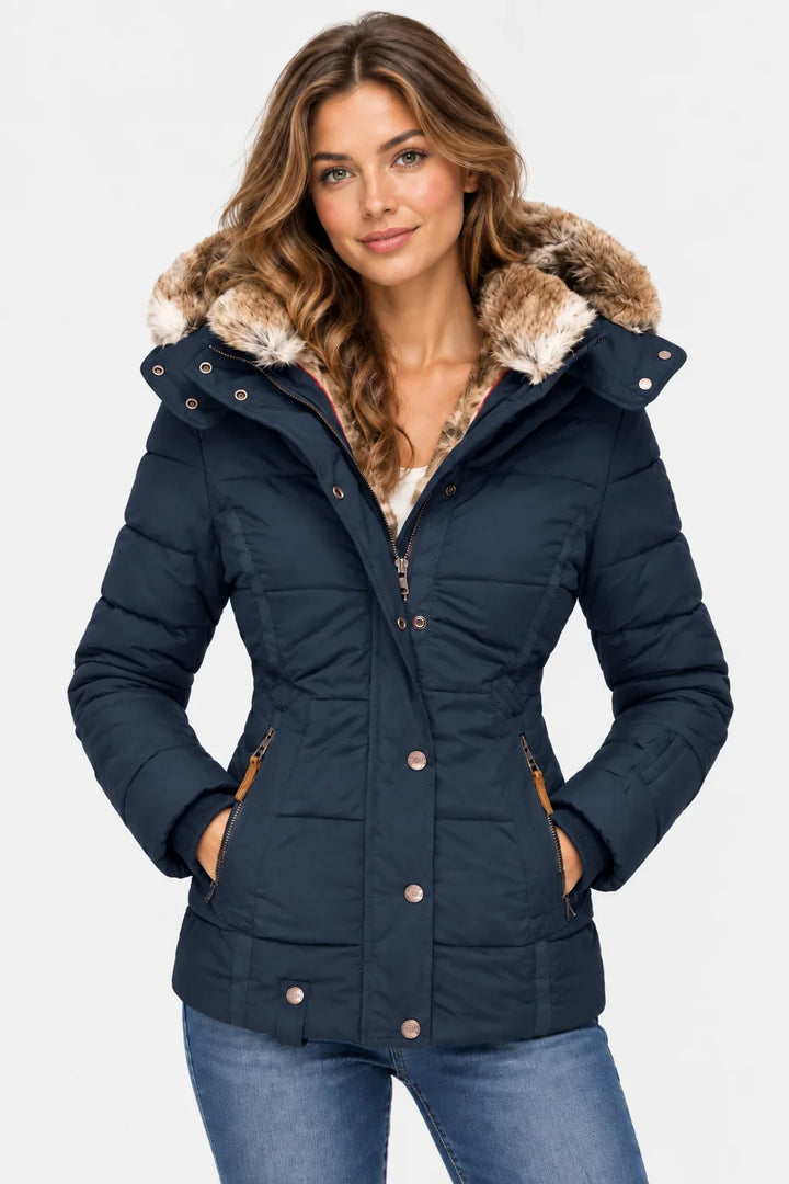 Puffer Jacket for Women – Quilted Winter Coat with Faux Fur Hood, Warm Zip Front Puffer in Black, Pink, Beige, Green, Navy