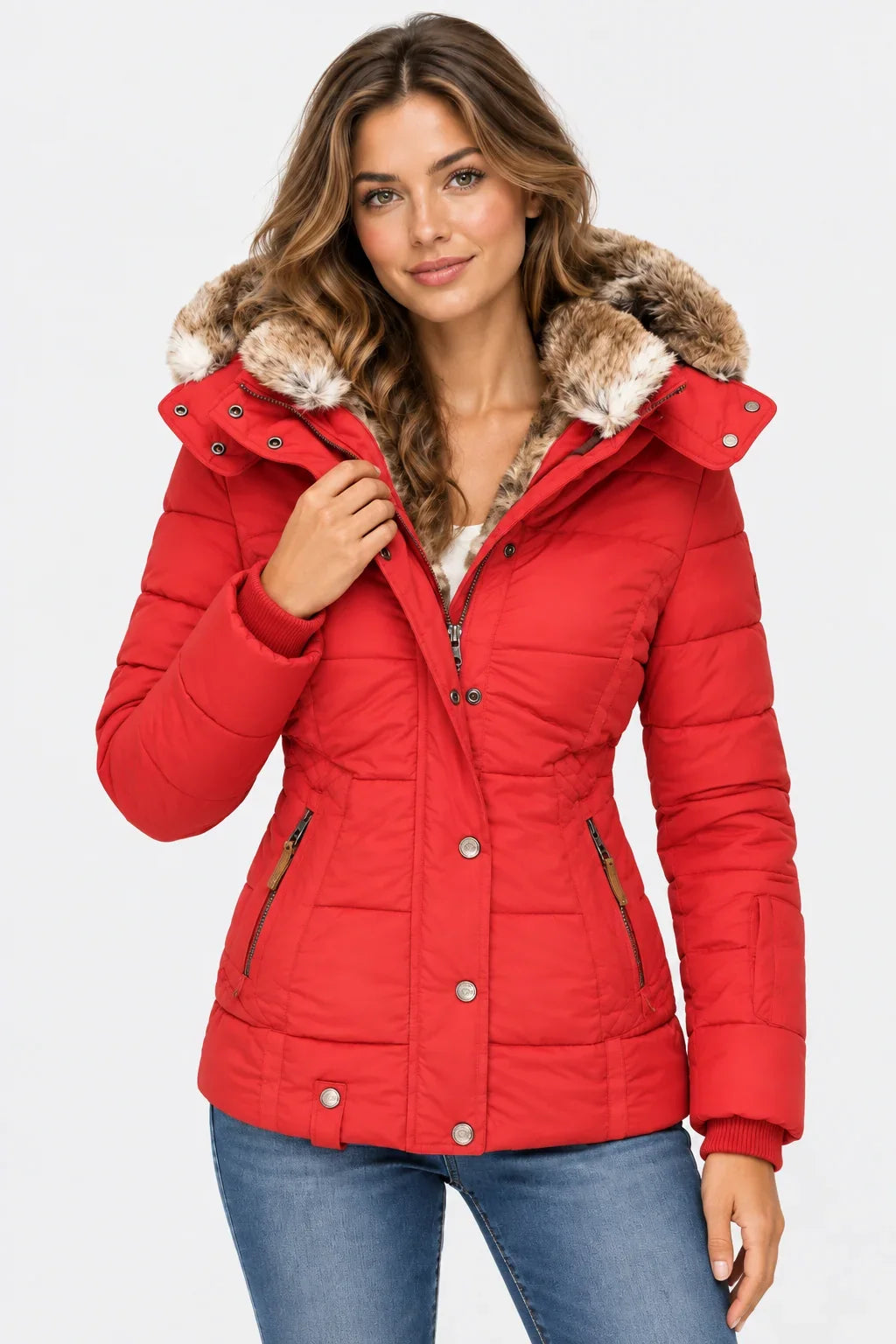 Puffer Jacket for Women – Quilted Winter Coat with Faux Fur Hood, Warm Zip Front Puffer in Black, Pink, Beige, Green, Navy