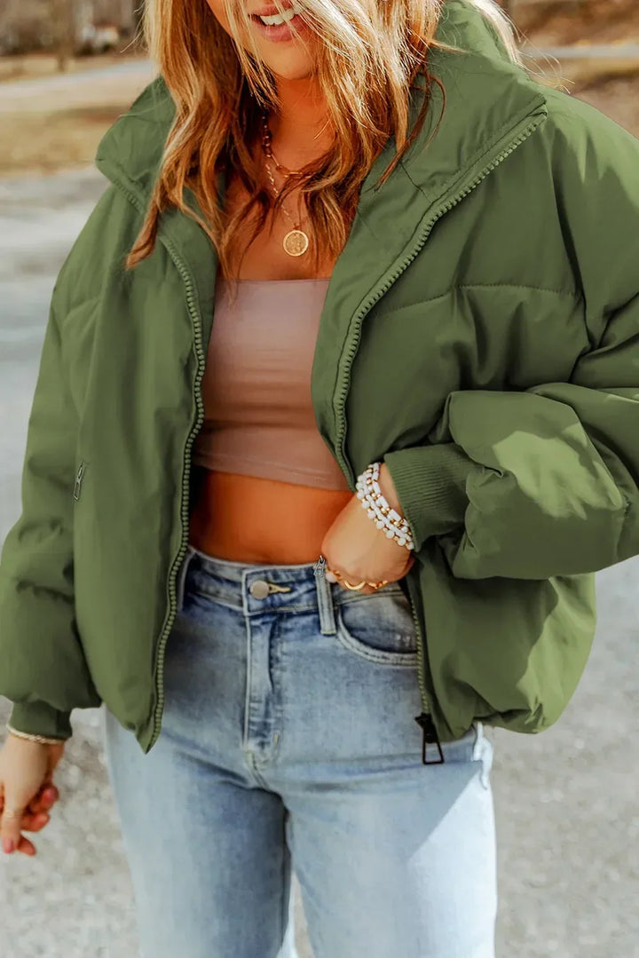 Lined Puffer Jacket for Women – Stand Collar Zip Front Winter Jacket in Tan, Moss, Cobalt Blue