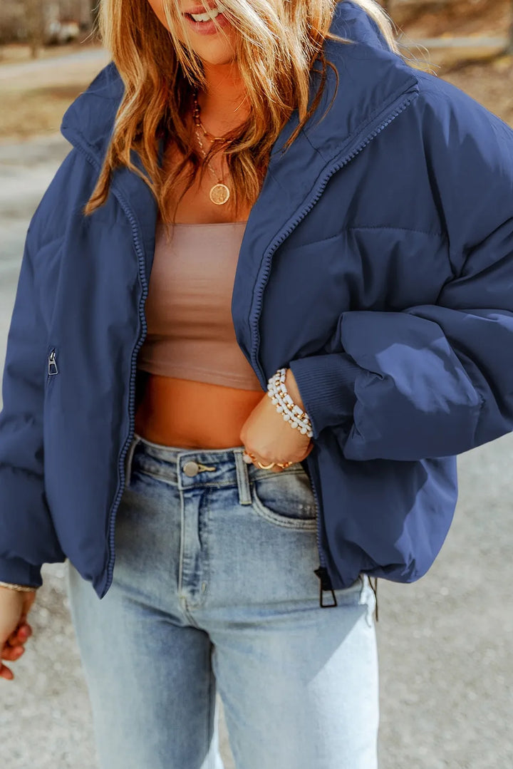 Lined Puffer Jacket for Women – Stand Collar Zip Front Winter Jacket in Tan, Moss, Cobalt Blue