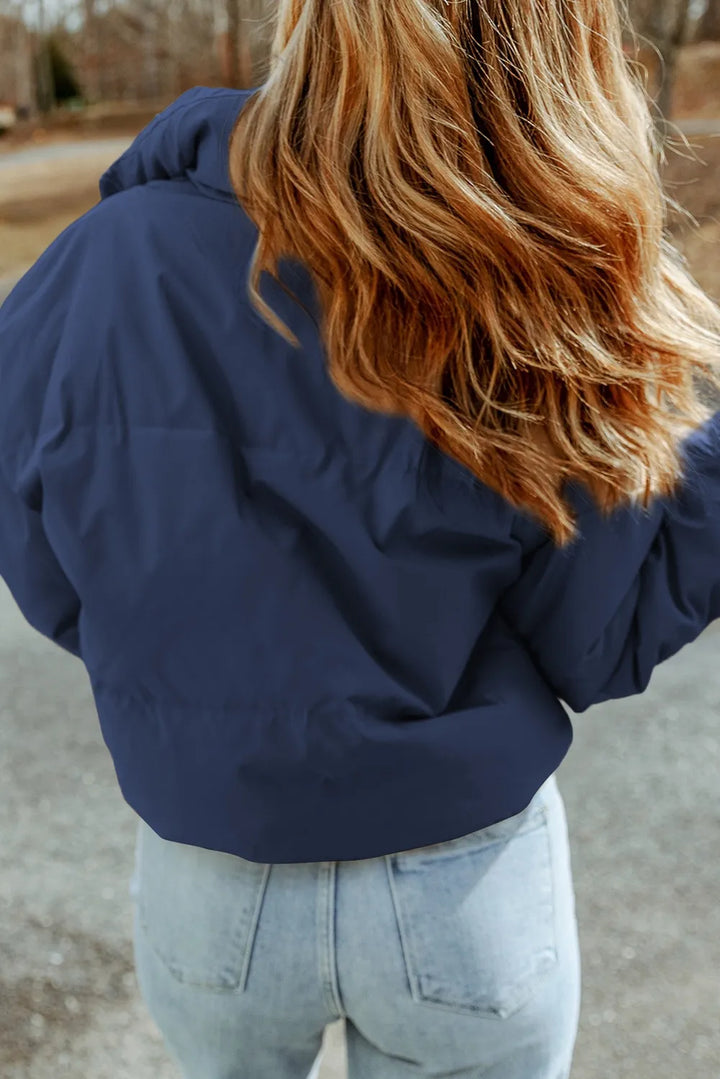 Lined Puffer Jacket for Women – Stand Collar Zip Front Winter Jacket in Tan, Moss, Cobalt Blue