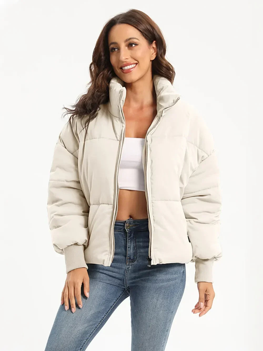 Turtleneck Puffer Jacket for Women – Zip Up Quilted Winter Coat with High Neck, Warm Puffer in Cream, Black, Camel