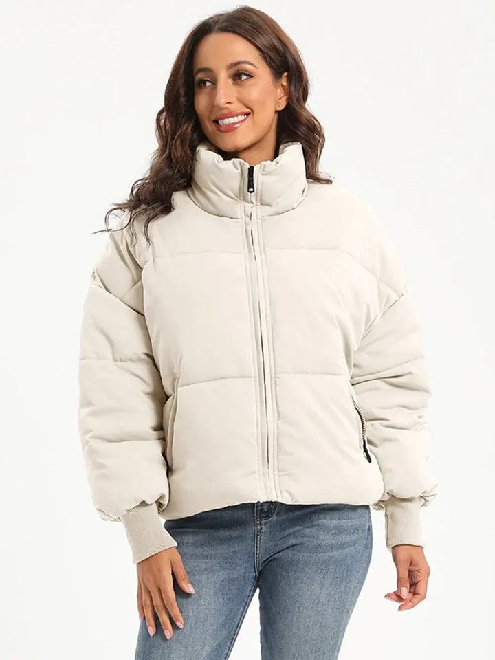 Turtleneck Puffer Jacket for Women – Zip Up Quilted Winter Coat with High Neck, Warm Puffer in Cream, Black, Camel