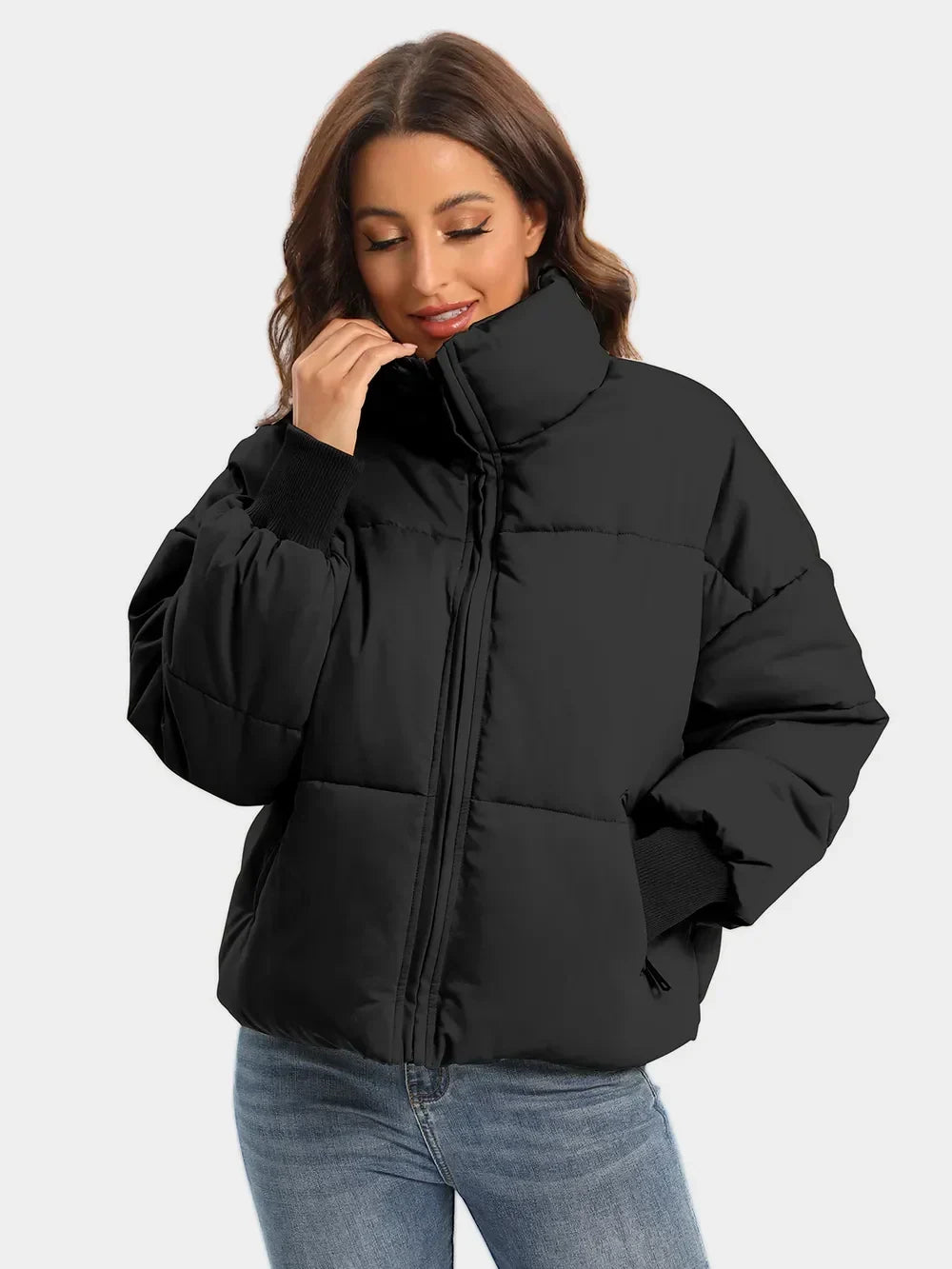 Turtleneck Puffer Jacket for Women – Zip Up Quilted Winter Coat with High Neck, Warm Puffer in Cream, Black, Camel