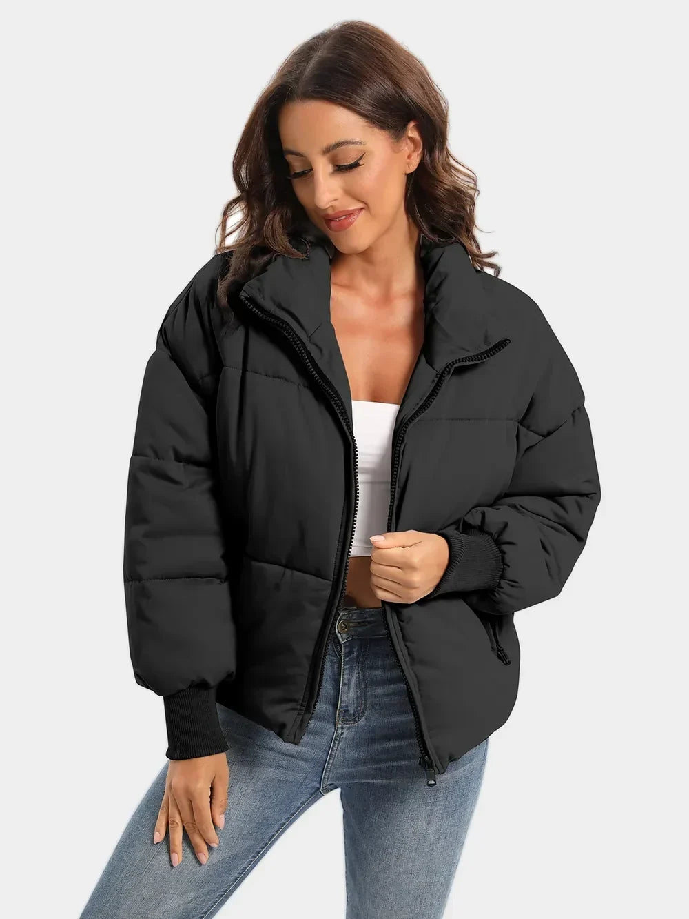 Turtleneck Puffer Jacket for Women – Zip Up Quilted Winter Coat with High Neck, Warm Puffer in Cream, Black, Camel