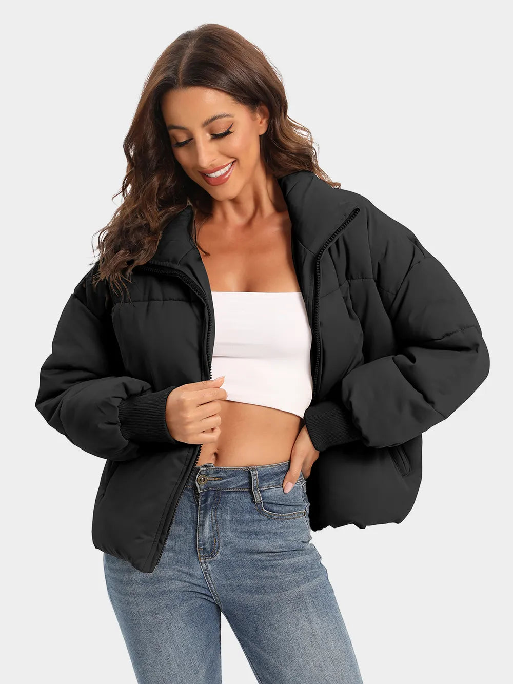 Turtleneck Puffer Jacket for Women – Zip Up Quilted Winter Coat with High Neck, Warm Puffer in Cream, Black, Camel