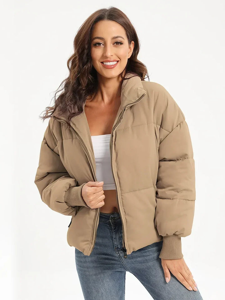 Turtleneck Puffer Jacket for Women – Zip Up Quilted Winter Coat with High Neck, Warm Puffer in Cream, Black, Camel