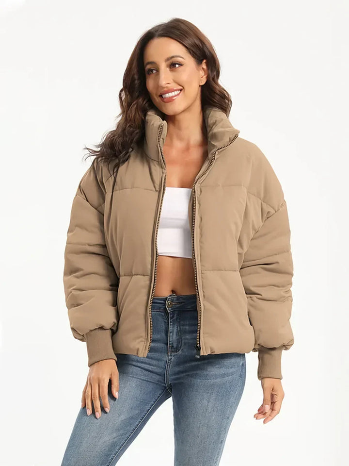 Turtleneck Puffer Jacket for Women – Zip Up Quilted Winter Coat with High Neck, Warm Puffer in Cream, Black, Camel