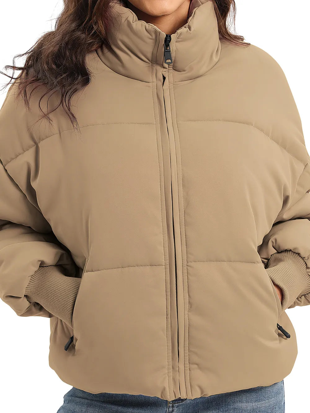 Turtleneck Puffer Jacket for Women – Zip Up Quilted Winter Coat with High Neck, Warm Puffer in Cream, Black, Camel