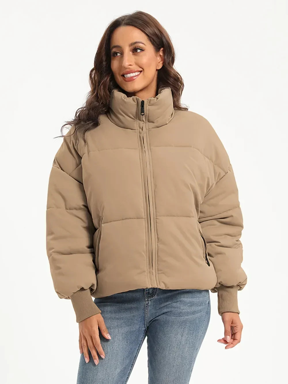 Turtleneck Puffer Jacket for Women – Zip Up Quilted Winter Coat with High Neck, Warm Puffer in Cream, Black, Camel