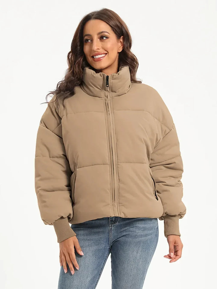 Turtleneck Puffer Jacket for Women – Zip Up Quilted Winter Coat with High Neck, Warm Puffer in Cream, Black, Camel