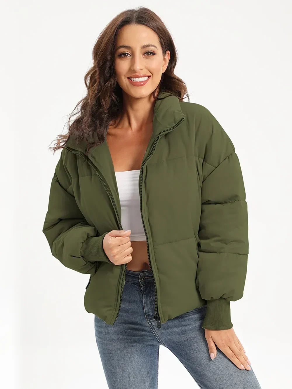 Turtleneck Puffer Jacket for Women – Zip Up Quilted Winter Coat with High Neck, Warm Puffer in Cream, Black, Camel