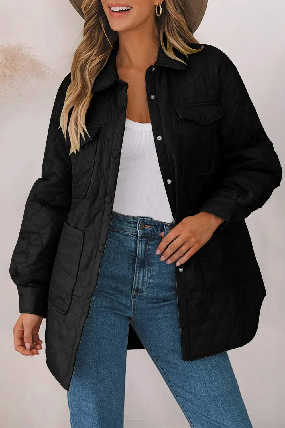 Diamond Quilted Jacket for Women – Collared Snap Front Lightweight Barn Jacket, Classic Fall Outerwear