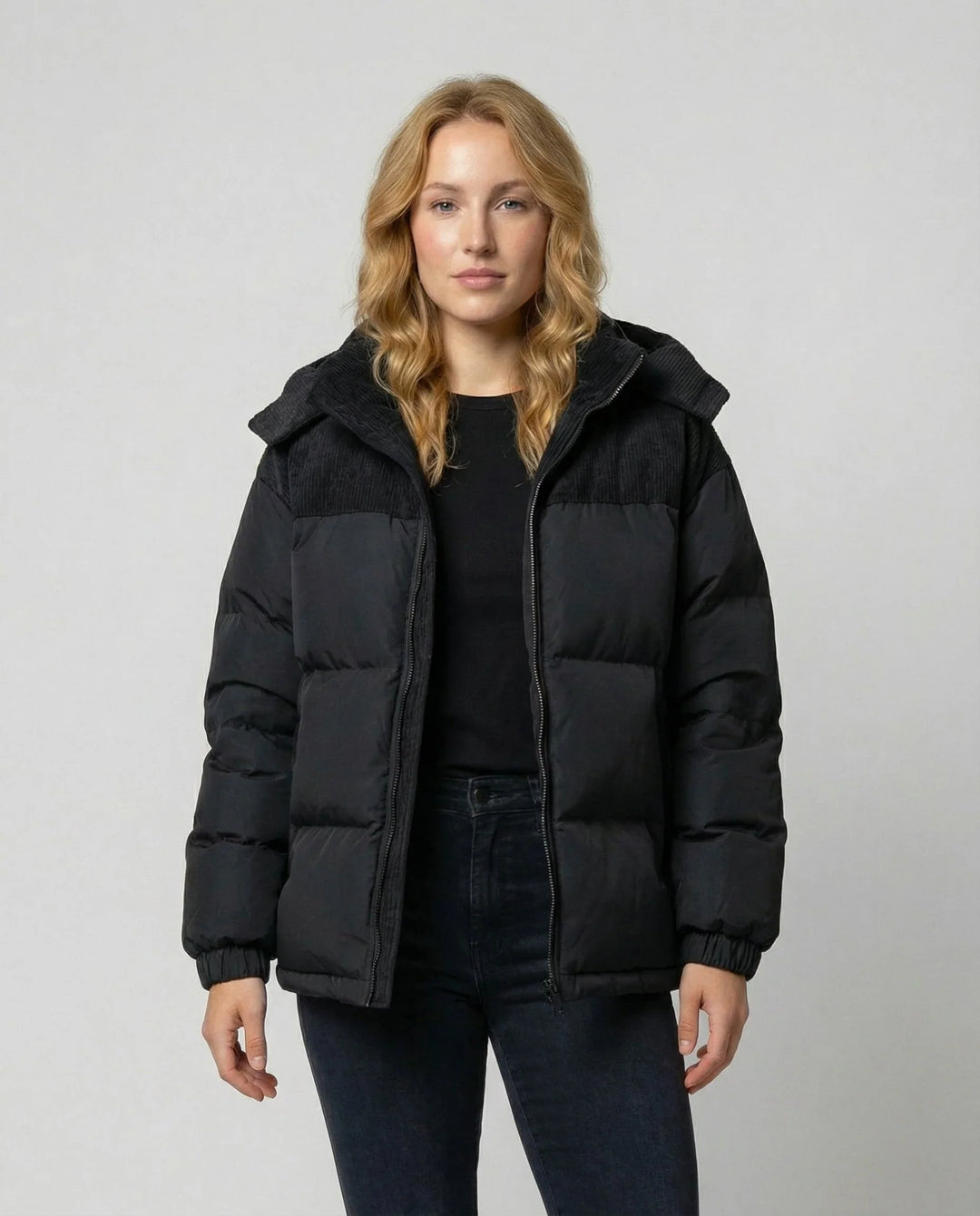 Quilted Puffer Jacket for Women – Hooded Winter Coat with Corduroy Panels, Warm Zip Up Puffer
