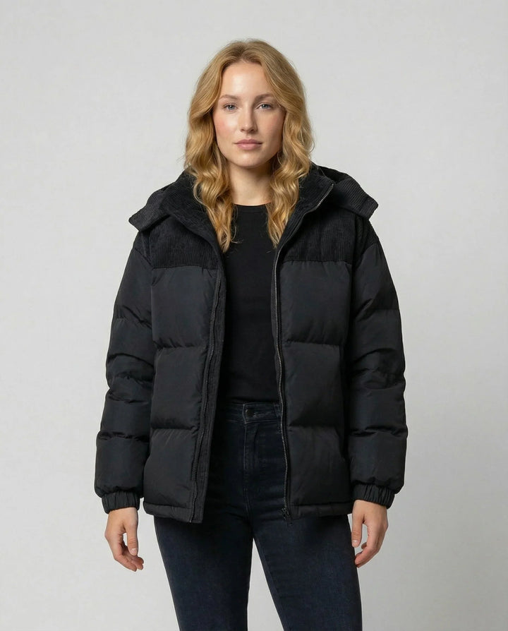 Quilted Puffer Jacket for Women – Hooded Winter Coat with Corduroy Panels, Warm Zip Up Puffer