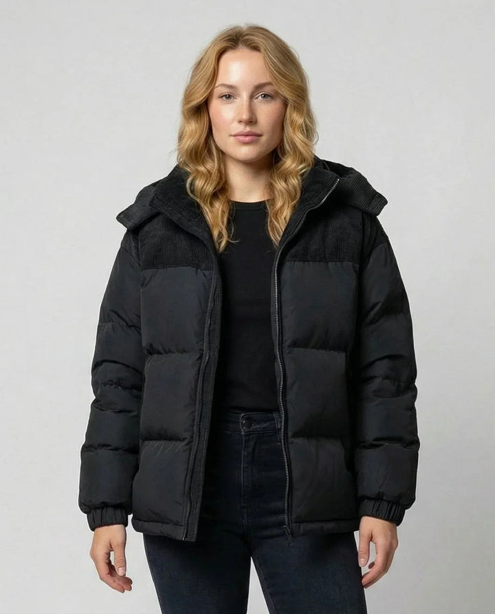 Quilted Puffer Jacket for Women – Hooded Winter Coat with Corduroy Panels, Warm Zip Up Puffer