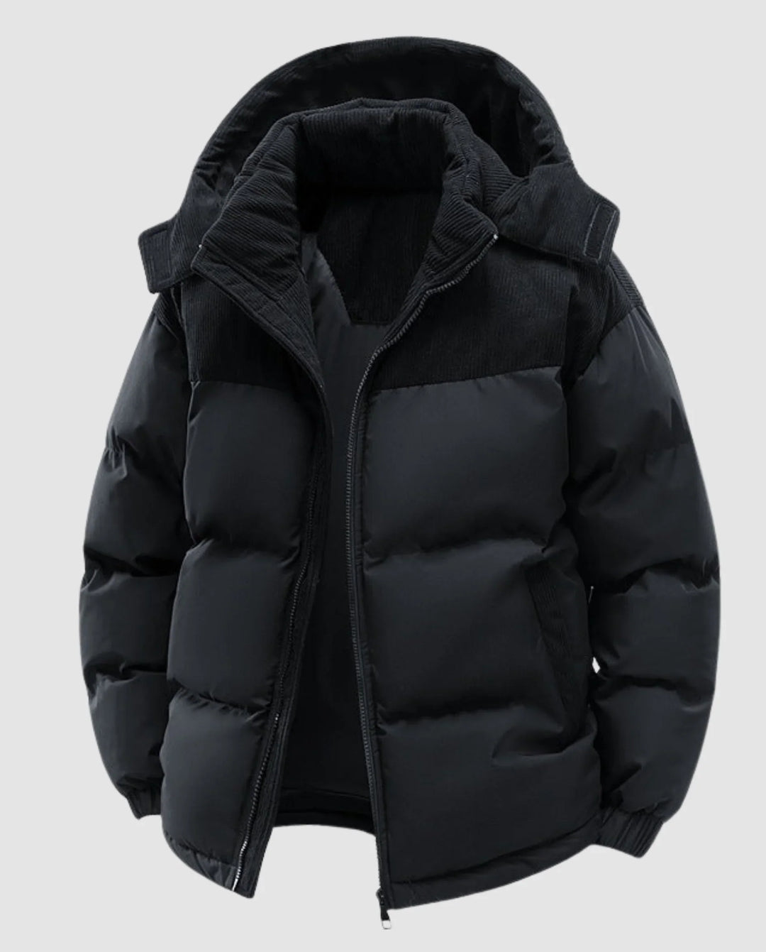 Quilted Puffer Jacket for Women – Hooded Winter Coat with Corduroy Panels, Warm Zip Up Puffer