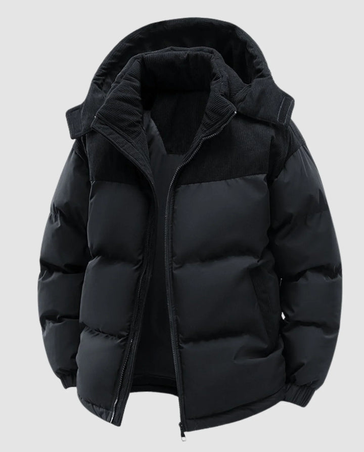 Quilted Puffer Jacket for Women – Hooded Winter Coat with Corduroy Panels, Warm Zip Up Puffer