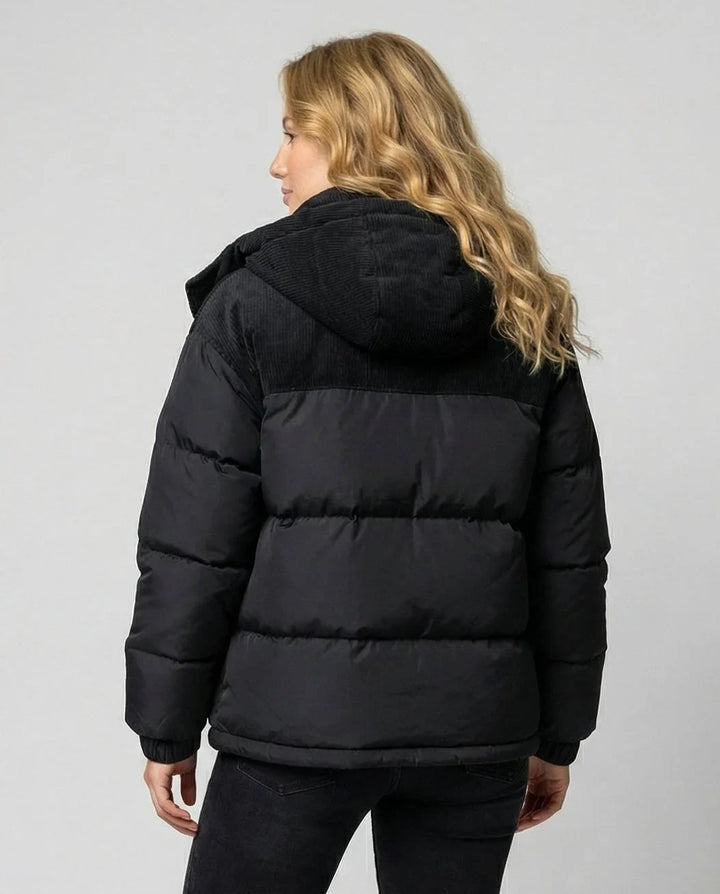 Quilted Puffer Jacket for Women – Hooded Winter Coat with Corduroy Panels, Warm Zip Up Puffer