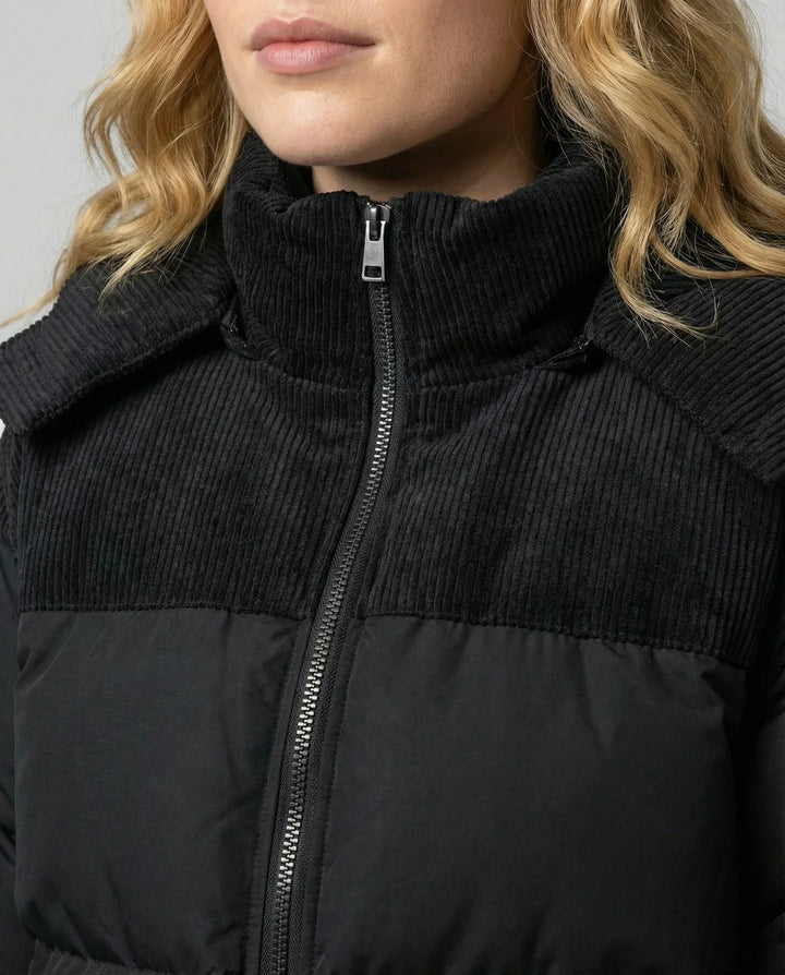 Quilted Puffer Jacket for Women – Hooded Winter Coat with Corduroy Panels, Warm Zip Up Puffer
