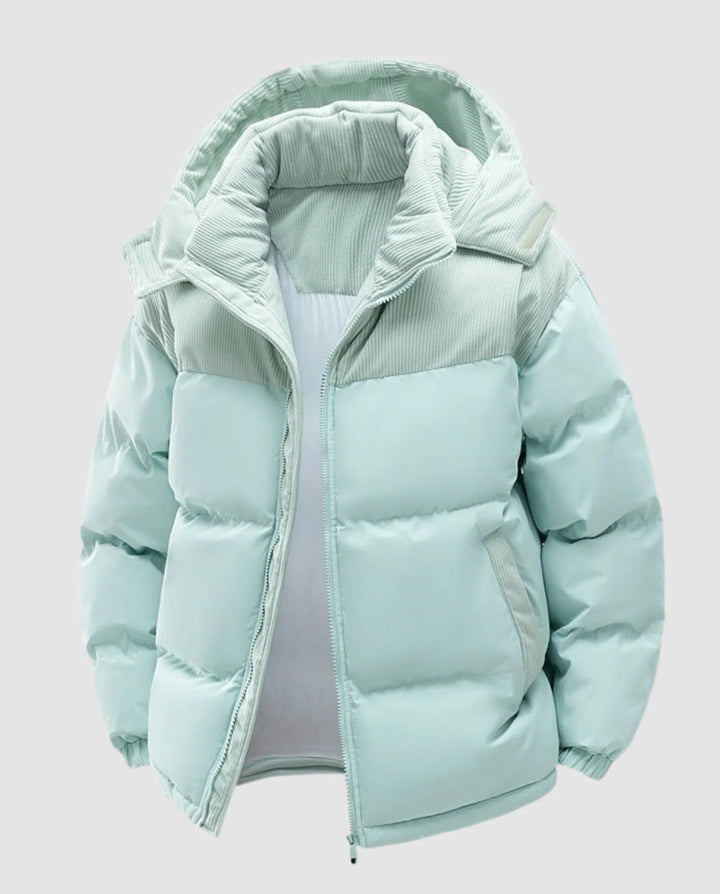 Quilted Puffer Jacket for Women – Hooded Winter Coat with Corduroy Panels, Warm Zip Up Puffer