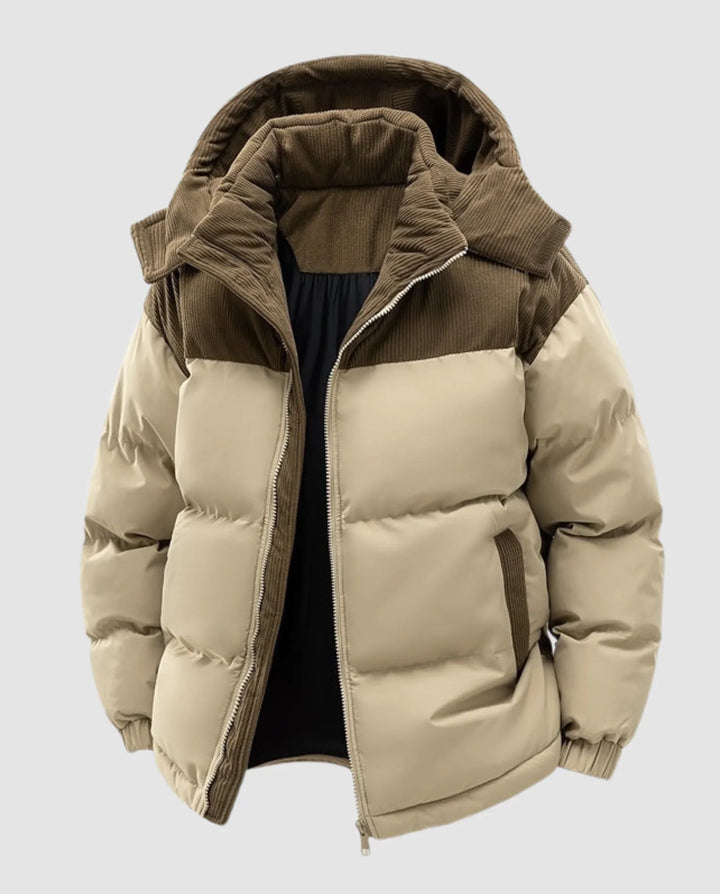 Quilted Puffer Jacket for Women – Hooded Winter Coat with Corduroy Panels, Warm Zip Up Puffer