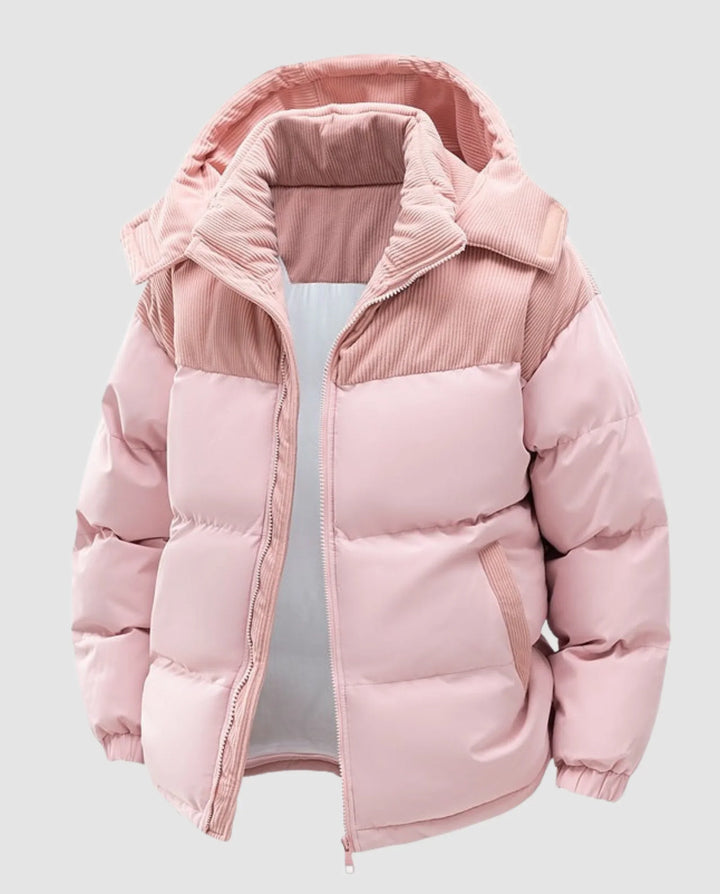 Quilted Puffer Jacket for Women – Hooded Winter Coat with Corduroy Panels, Warm Zip Up Puffer