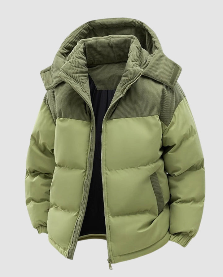 Quilted Puffer Jacket for Women – Hooded Winter Coat with Corduroy Panels, Warm Zip Up Puffer