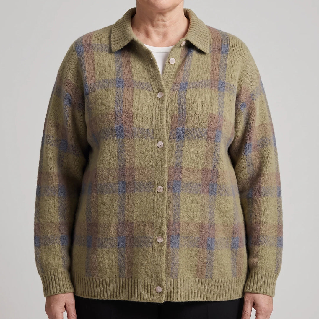 Plaid Cardigan Sweater for Women – Collared Button Front Long Sleeve Knit, Retro Fall Sweater