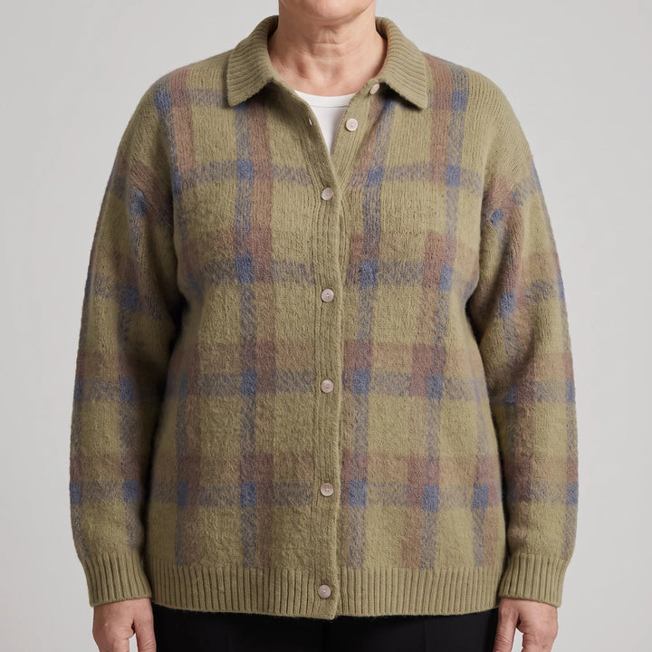 Plaid Cardigan Sweater for Women – Collared Button Front Long Sleeve Knit, Retro Fall Sweater