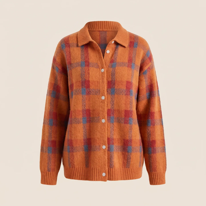 Plaid Cardigan Sweater for Women – Collared Button Front Long Sleeve Knit, Retro Fall Sweater