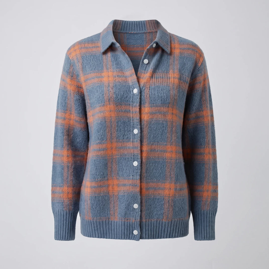 Plaid Cardigan Sweater for Women – Collared Button Front Long Sleeve Knit, Retro Fall Sweater